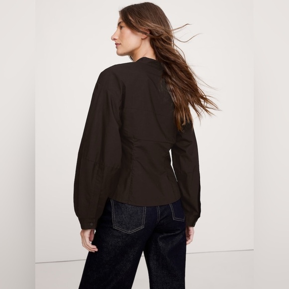 NWT Banana Republic Cotton Poplin Balloon-Sleeve Shirt | Ganache Brown - Picture 4 of 9